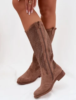 Dámské kozačky s vzorem na nízkém podpatku  Hnědé model 22031864 - S.Barski