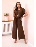 Viskózová súprava plisovaná blúzka + nohavice hnedá