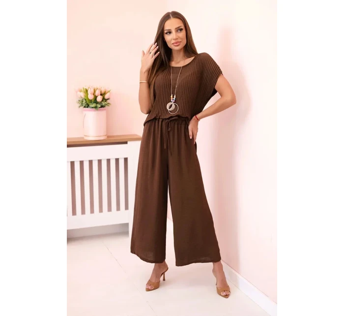 Viskózová súprava plisovaná blúzka + nohavice hnedá