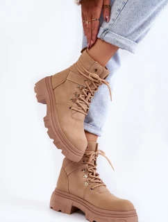 Skórzane Ocieplane Botki Sznurowane Beżowe Merisha