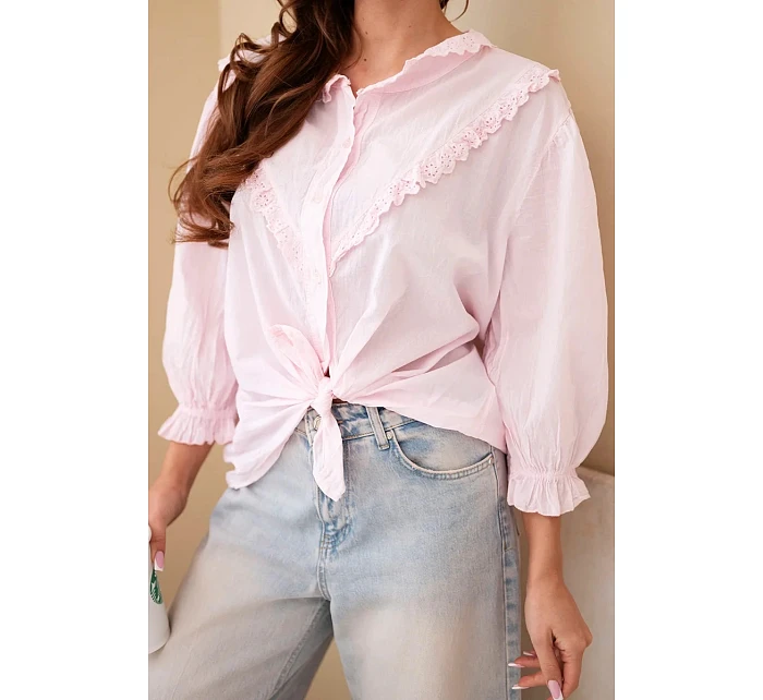Dámske bavlnené tričko s čipkou a kravatami candy pink