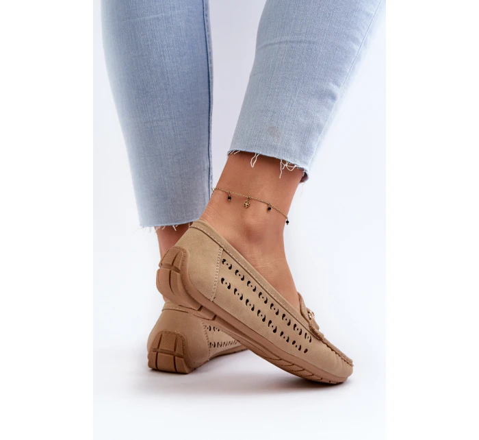 Mokasyny Damskie Ażurowe Z Ozdobą Brązowe Kaydance