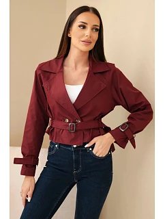 Dámská krátká model 22293780 viskózová bunda s opaskem a klopami bordová - K-Fashion