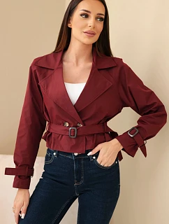 Dámská krátká model 22293780 viskózová bunda s opaskem a klopami bordová - K-Fashion