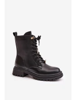 Eko Skórzane Botki Workery Damskie Z Przypinkami Czarne Rianael Eko Skórzane Botki Workery Damskie Z Przypinkami Czarne Rianael