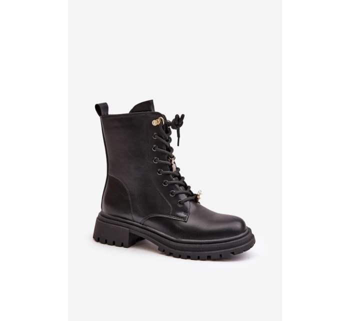 Eko Skórzane Botki Workery Damskie Z Przypinkami Czarne Rianael Eko Skórzane Botki Workery Damskie Z Przypinkami Czarne Rianael