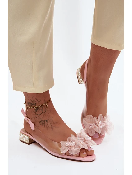 Průhledné sandály s krystaly a síťkovými květinami D&A MR61-9006 Růžové