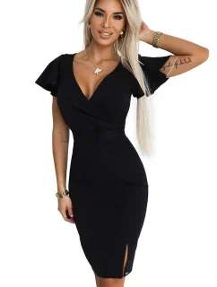 479-9 NINA elegantné šaty s obálkovým výstrihom, rukávmi a opaskom - ČIERNE