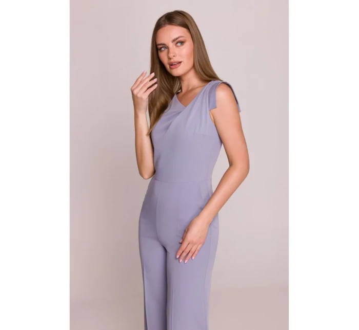 S407 Elegantný overal s asymetrickým výstrihom - holubičia sivá