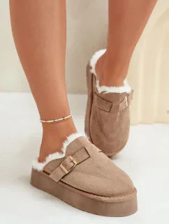 Dámske papuče s hrubou podrážkou, kožušinou a prackou Tmavo béžová Linneola