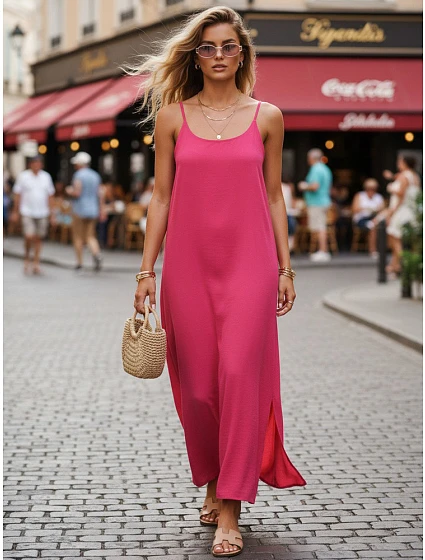 Dámske letné maxi šaty s viskózou, farba fuchsiová, FashionStreet EY2663 Dámske letné maxi šaty s viskózou, farba fuchsiová, FashionStreet EY2663