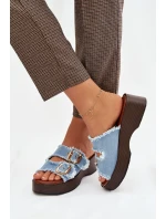 Dámské pantofle na platformě se zlatými sponami modré Renelisse