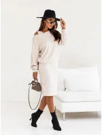 Dámsky pletený set v ecru farbe so šatami bez rukávov (82138) Dámsky pletený set v ecru farbe so šatami bez rukávov (82138)