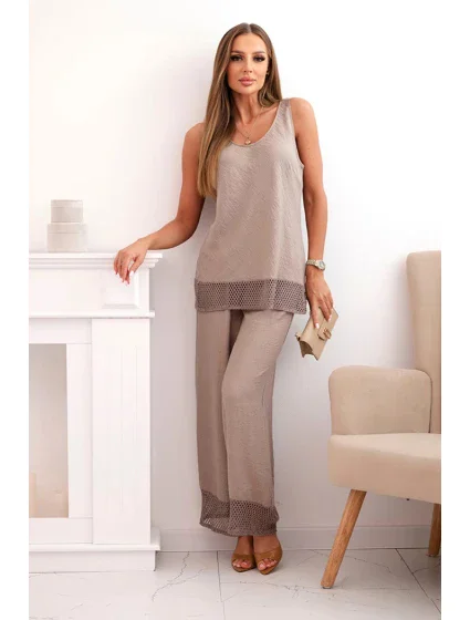 Dámský komplet z viskózy, top na model 21193174 ramínkách a kalhoty s širokým nohavicemi fango - K-Fashion Dámský komplet z viskózy, top na model 21193174 ramínkách a kalhoty s širokým nohavicemi fango - K-Fashion