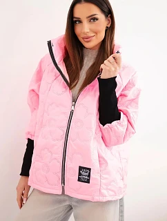 Dámska jarná prešívaná bunda s ozdobným potlačou a zipsom candy pink
