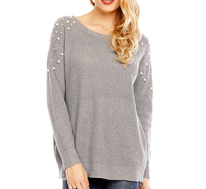 Dámsky sveter s ozdobnými perličkami sivý - sivé / UNI - House Style