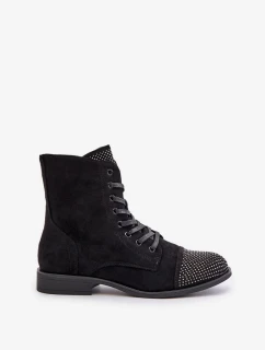 Dámske zateplené členkové topánky s nízkym podpätkom a ozdobami - čierne Ellieo