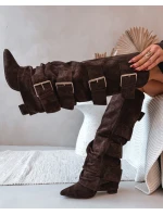 Dámské kozačky na podpatku s ohnutým horním lemem a zlatými sponami Eco semiš čokoládové Isavelle