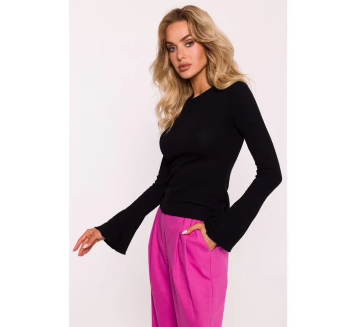 M806 Rebrovaný top s dlhými rukávmi - čierny