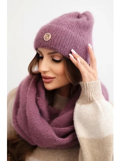 Dámský komplet s čepicí a šálou z měkké pleteniny tmavě růžový
