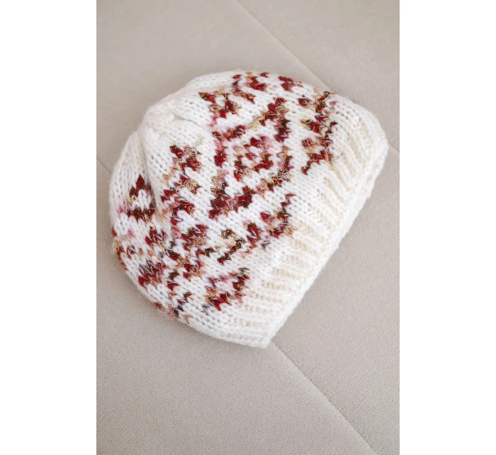 Dámska zimná čiapka s farebnými vzormi a hrubým nákrčníkom K353 biela+červená