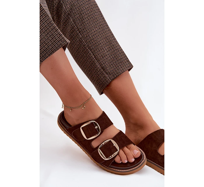 Dámské pantofle z imitace semiše se zlatými přezkami čokoládové model 22122715 - Boto