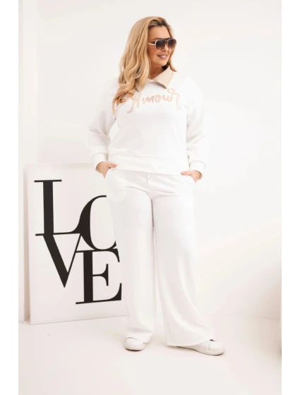 Dámský komplet model 21924578 Plus Size se širokými nohavicemi a límečkem bílý - K-Fashion Dámský komplet model 21924578 Plus Size se širokými nohavicemi a límečkem bílý - K-Fashion