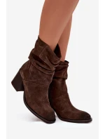 Kožené semišové kotníkové boty s na podpatku  Čokoládové model 21772371 - Zazoo
