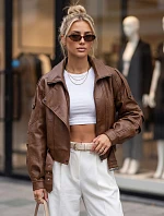 Krátka hnedá kožená bunda v štýle Ramones od FashionStreet TY5845