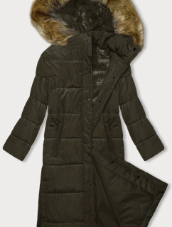 Dlhá zimná bunda v khaki farbe s kapucňou (V726)