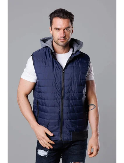 Tmavomodrá pánska prešívaná vesta s kapucňou (8M983-215)