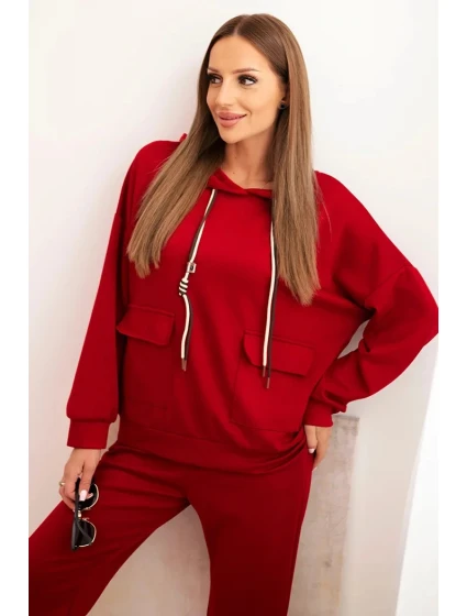 Dámská souprava máslová mikina s kapucí a kalhoty s páskem bordó