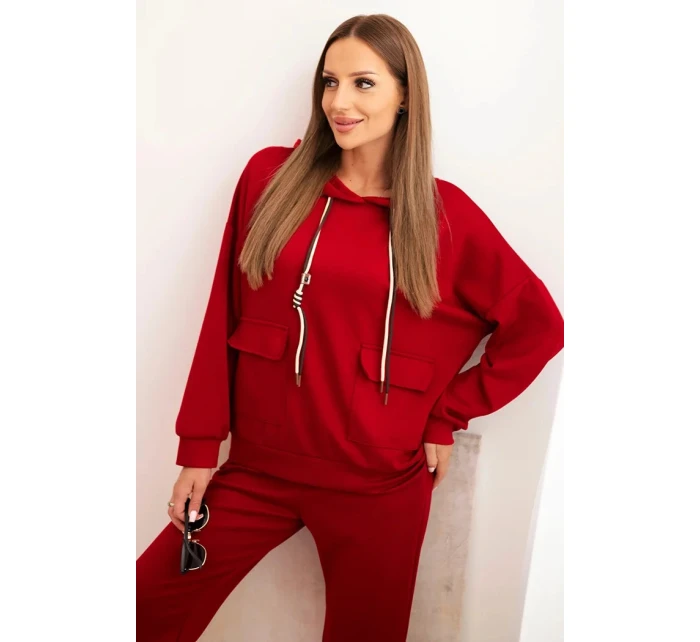 Dámská souprava máslová mikina s kapucí a kalhoty s páskem bordó