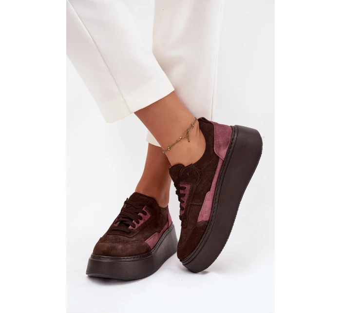 Dámské tenisky z pravé semiše na platformě model 21711179 čokoládové - Zazoo