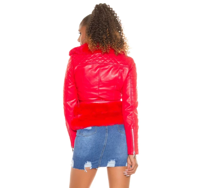 Dámská sexy kožená bunda s kožešinou Červená model 21041666 - In-style Fashion Dámská sexy kožená bunda s kožešinou Červená model 21041666 - In-style Fashion
