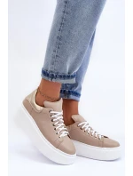 Damskie Buty Sportowe Skórzane na Platformie Beżowe Lemar 10150 Damskie Buty Sportowe Skórzane na Platformie Beżowe Lemar 10150