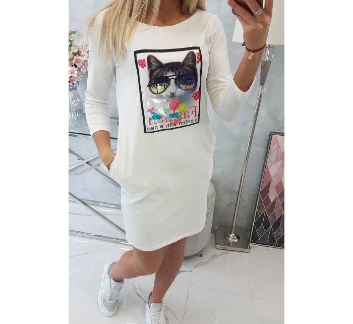 Šaty s 3D grafikou mačky ecru