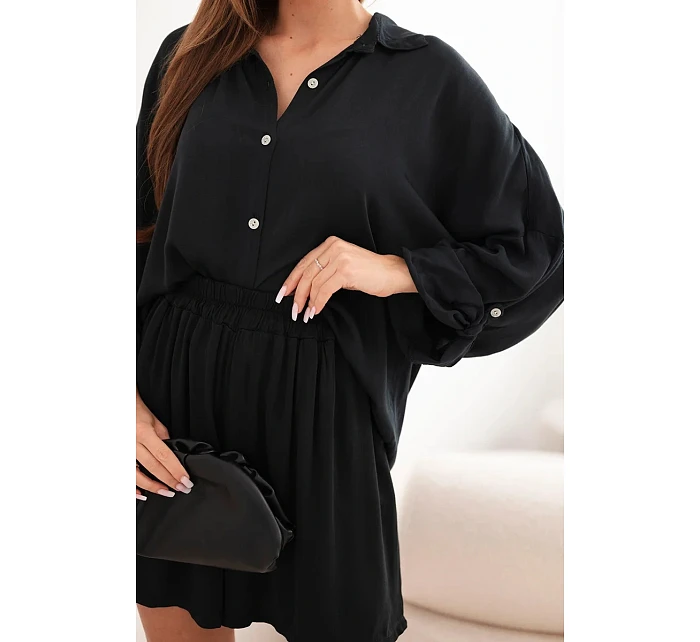 Dámska súprava z viskózy: košeľa s gombíkmi a voľné šortky čierna