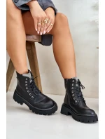 Ocieplane Skórzane Botki Workery Damskie Z Cyrkoniami GOE OO2N4125 Czarne