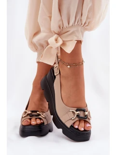 Skórzane Sandały Damskie Na Koturnie I Platformie Z Ozdobą Artiker 56C2209 Beżowe