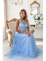 672-1 Romantické svadobné maxi šaty s vyšívanou čipkou a tylom - modré 672-1 Romantické svadobné maxi šaty s vyšívanou čipkou a tylom - modré