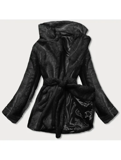 Čierna dámska bunda - kožúšok s golierom (GSQ2166)