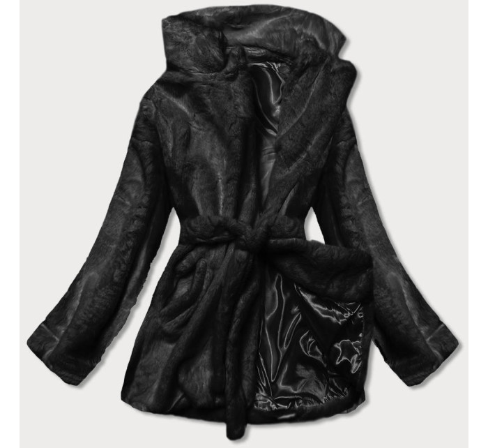 Čierna dámska bunda - kožúšok s golierom (GSQ2166)