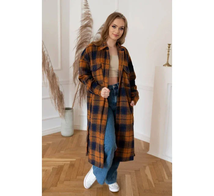 Hnedo-tmavo modrý dámsky károvaný košeľový kabát (8424) Hnedo-tmavo modrý dámsky károvaný košeľový kabát (8424)