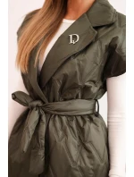 Dámska prešívaná vesta s opaskom a širokým golierom khaki
