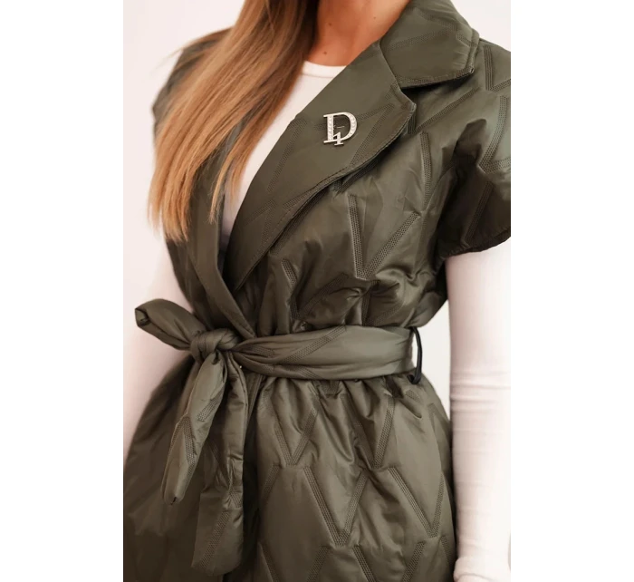 Dámska prešívaná vesta s opaskom a širokým golierom khaki