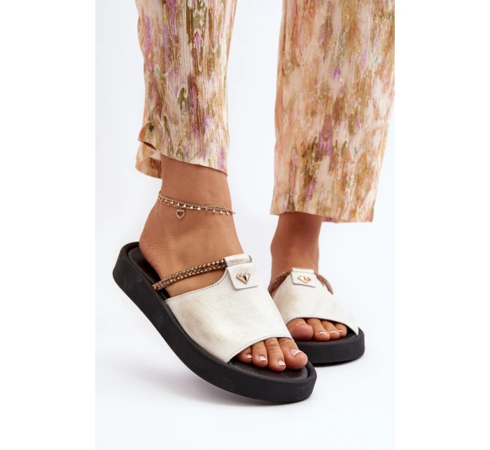 Zazoo 2896 Klapki Damskie Skórzane Biało-Złote