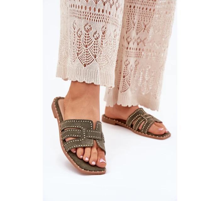 Zdobione Klapki Na Płaskim Obcasie Zielone Anniles