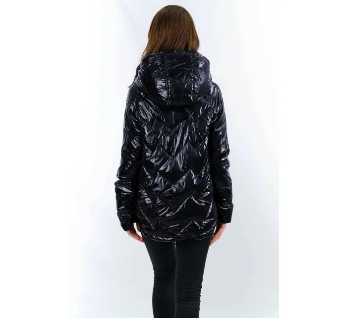 Tmavo modrá prešívaná dámska bunda s kapucňou (R9562)