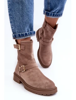 Botki Damskie Na Płaskim Obcasie Z Klamrami Ciemnobeżowe Bliggore